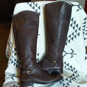 TORY BURCH Brown Pebbled Leather Riding Boots 7.5